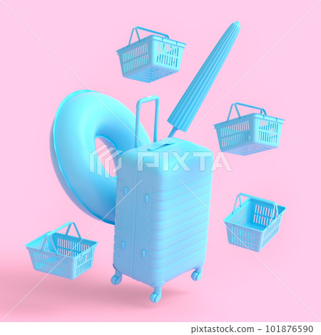 Colorful luggage with beach accessories and shopping basket on monochrome Colorful luggage with beach accessories and shopping basket on monochrome 101876590