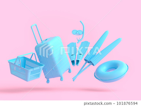 Colorful luggage with beach accessories and shopping basket on monochrome 101876594