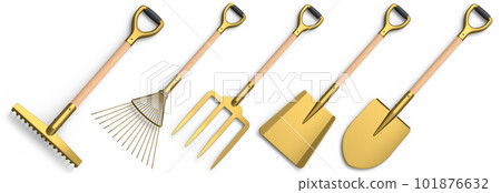 Set of garden tools and supplies for gardener and flower pots in garden Set of garden tools and supplies for gardener and flower pots in garden 101876632