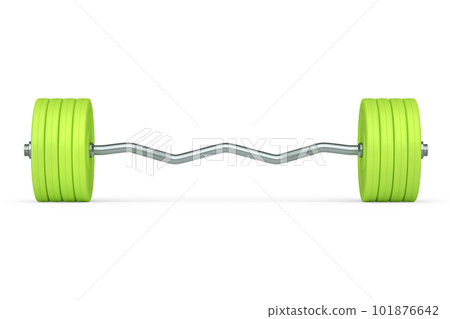 Abstract metal barbell with green disks shaped handle isolated on white 101876642