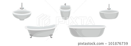 White Bathtub and Sink Basin with Tap as Home Amenity Vector Set 101876739