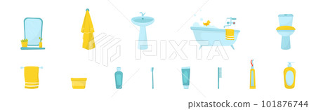 Bathroom Objects with Bathtub, Sink, Towel and Toilet Bowl Vector Set 101876744