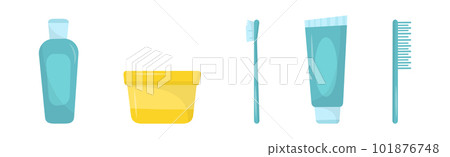 Bathroom Objects with Toothpaste Tube, Brush, Shampoo Bottle and Cosmetic Cream Vector Set Bathroom Objects with Toothpaste Tube, Brush, Shampoo Bottle and Cosmetic Cream Vector Set 101876748