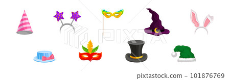 Funky Mask and Headwear as Party Costume Accessory Vector Set Funky Mask and Headwear as Party Costume Accessory Vector Set 101876769