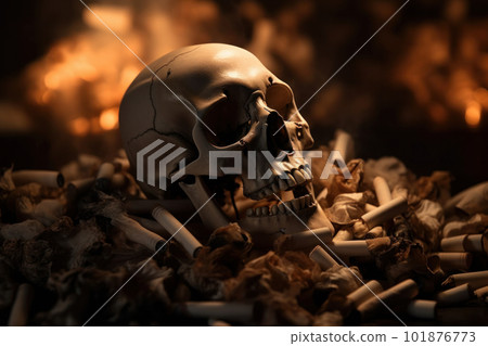 Cigarette smoke surrounding a human skull, representing the harmful effects of smoking on health. Medical, danger, and addiction concept. AI Generative No Tobacco Day 101876773