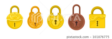 Golden and Copper Padlock with Keyhole as Security Mechanism Vector Set 101876775