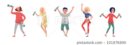 Drunk People Characters with Bottle of Alcoholic Drink Vector Illustration Set 101876800