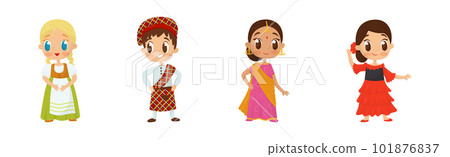 Smiling Boy and Girl Wearing Costumes of Different Countries Vector Set Smiling Boy and Girl Wearing Costumes of Different Countries Vector Set 101876837