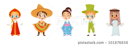 Smiling Boy and Girl Wearing Costumes of Different Countries Vector Set 101876838