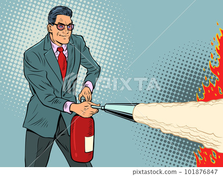 A businessman with a fire extinguisher is preparing to put out a fire. Extreme dangerous incident. Fighting fire 101876847