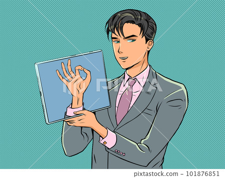 A man in a suit shows a display with an OK sign. The digital space is intertwined with our world. Technology is the future. Pop Art Retro 101876851