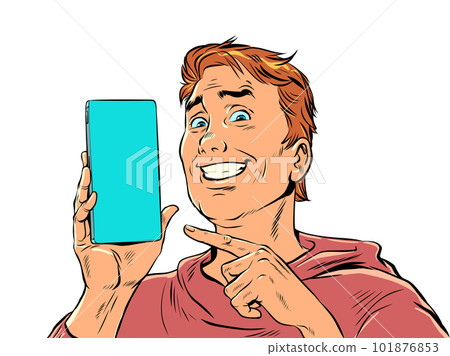 A man with red hair smiles and points to the phone. Product demonstration or offer on smartphone. The joy of a perfect purchase. Pop Art Retro On a white background 101876853