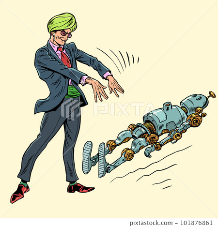 Artificial intelligence management. The impact of scammers on the Internet and technology. A man in glasses, a turban and a suit affects the robot. Pop Art Retro Artificial intelligence management. The impact of scammers on the Internet and technology. A man in glasses, a turban and a suit affects the robot. Pop Art Retro 101876861