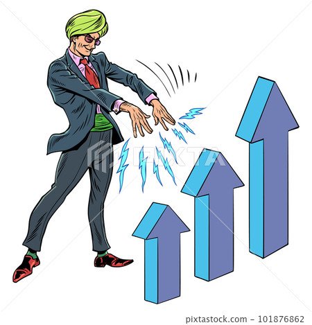 Financial fakir magician magician swindlers and sorcerers. Manipulations with stocks and investments. A man in a turban and a suit affects the growth of the graph. Pop Art Retro 101876862