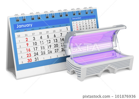 Tanning Bed with desk calendar, 3D rendering Tanning Bed with desk calendar, 3D rendering 101876936