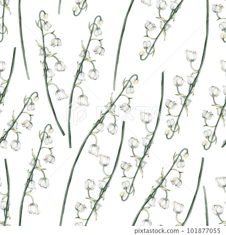 Floral pattern spring lily of the valley. Watercolor seamless background flowers. Cute Print for textile design or wallpaper. Hand drawn texture with flowers, buds, leaves and stems. Floral pattern spring lily of the valley. Watercolor seamless background flowers. Cute Print for textile design or wallpaper. Hand drawn texture with flowers, buds, leaves and stems. 101877055