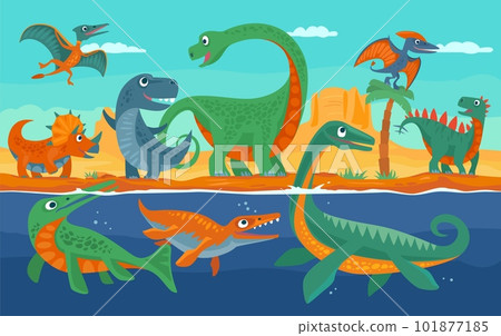 Dinosaurs, mountains, palm, cactus and sky with clouds. Vector flat illustration 101877185