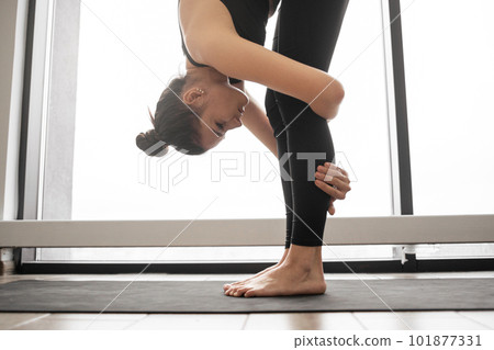 Slim woman bending body with head to knees in studio 101877331