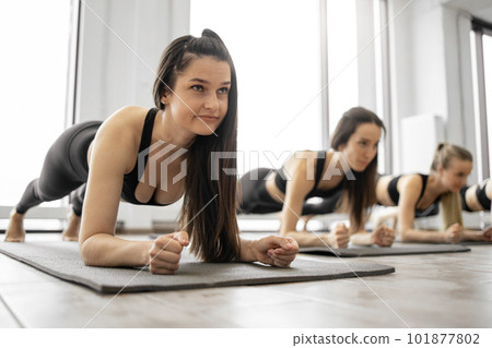 Females holding Forearm Plank Pose during yoga workout Females holding Forearm Plank Pose during yoga workout 101877802