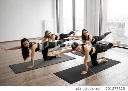 Adult yogis using Balancing Table Pose during yoga workout 101877820