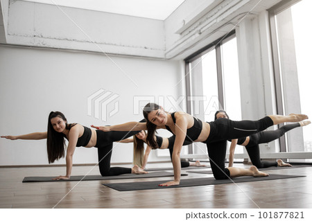 Adult yogis using Balancing Table Pose during yoga workout 101877821