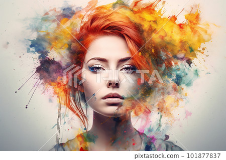 Young woman portrait in watercolor style, beautiful color painting, generative AI. 101877837