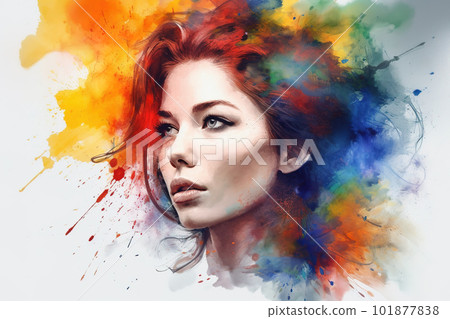 Young woman portrait in watercolor style, beautiful color painting, generative AI 101877838
