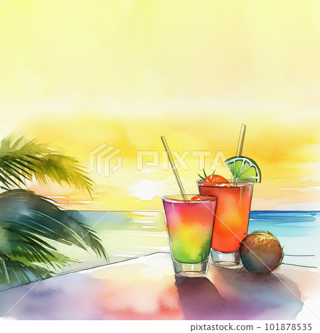 Tropical cocktails on beach with colorful sea sunset background, copy space. Watercolor pop art style illustration. Generative AI 101878535