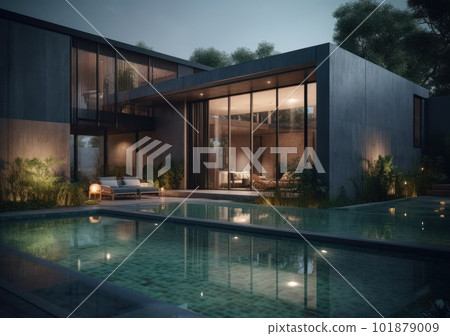 Design house - modern villa with open plan living and private bedroom wing. Large terrace with privacy and, swimming pool. Generative AI. 101879009