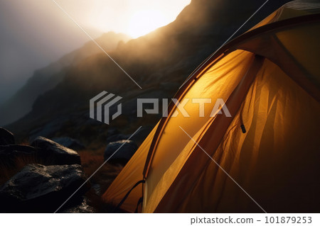 A stunning alpine landscape with a tent pitched in the foreground, providing the perfect backdrop for camping, hiking, and wilderness exploration. AI Generative. A stunning alpine landscape with a tent pitched in the foreground, providing the perfect backdrop for camping, hiking, and wilderness exploration. AI Generative. 101879253