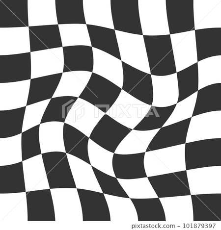 Distorted chessboard texture. Psychedelic pattern with warped black and white squares. Race flag or plaid layout. Checkered visual illusion. Trippy checkerboard surface 101879397