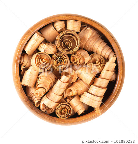 Spiral shaped wood shavings of Swiss pine wood, in a wooden bowl. Pinus cembra, European white pine tree, with distinctive smell, coming from essential oil pinosylvin, keeping away moths and insects. 101880258