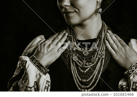 Ukrainian woman in legacy ancient coral beads, Zgarda. Authentic traditional. Ukrainian woman in legacy ancient coral beads, Zgarda. Authentic traditional. 101881466
