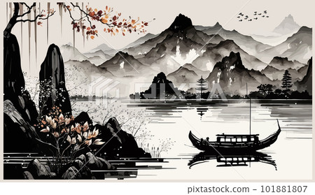 傳統的東方簡約的日式風水墨山水畫-插圖素材[101881807] - PIXTA圖庫