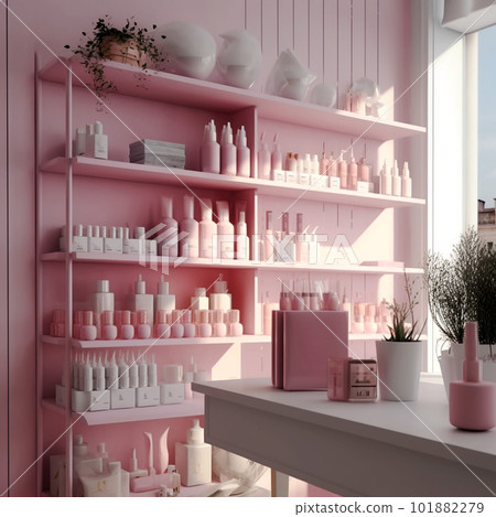Cute pink cosmetics lined up on the shelf Cute pink cosmetics lined up on the shelf 101882279