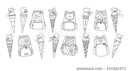 School backpack with candy cones for first grader.Vector line illustration School backpack with candy cones for first grader.Vector line illustration 101882472