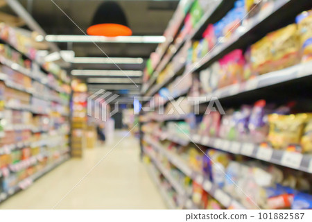 supermarket aisle with product shelves interior defocused blur background supermarket aisle with product shelves interior defocused blur background 101882587