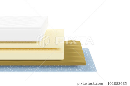 3d 4 layered sheet material mattress with fabric, soft sponge, latex, memory foam isolated. minimal abstract, 3d render illustration 3d 4 layered sheet material mattress with fabric, soft sponge, latex, memory foam isolated. minimal abstract, 3d render illustration 101882685