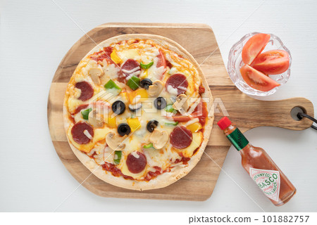 Milanese-style pizza with a thin crust Milanese-style pizza with a thin crust 101882757