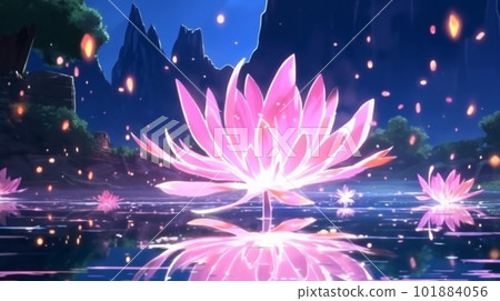 一個神秘的湖與粉紅色的蓮花盛開的AI圖像的插圖 一個神秘的湖與粉紅色的蓮花盛開的AI圖像的插圖 101884056