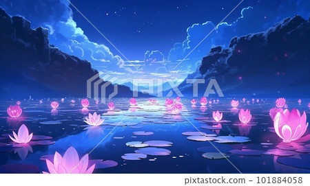一個神秘的湖與粉紅色的蓮花盛開的AI圖像的插圖 101884058