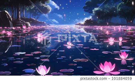 一個神秘的湖與粉紅色的蓮花盛開的AI圖像的插圖 101884059
