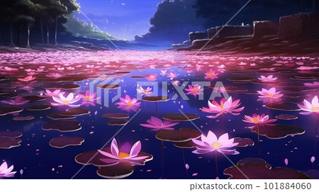 Illustration of a mysterious lake with pink lotus flowers blooming AI image Illustration of a mysterious lake with pink lotus flowers blooming AI image 101884060