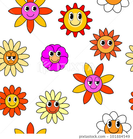 Groovy hippie flower seamless pattern. Colorful flowers trendy background retro trippy 70s style Groovy hippie flower seamless pattern. Colorful flowers trendy background retro trippy 70s style 101884549
