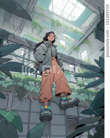 在巨大的高科技植物生物穹頂“人工智能生成的圖像”中工作的女研究員 101884559