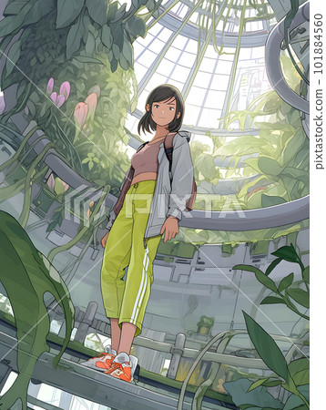 在巨大的高科技植物生物穹頂“人工智能生成的圖像”中工作的女研究員 101884560