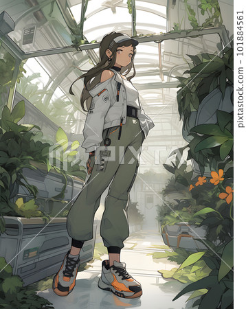 在巨大的高科技植物生物穹頂“人工智能生成的圖像”中工作的女研究員 101884561