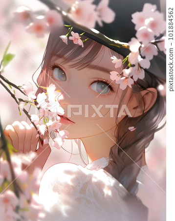 盛開的櫻花和漂亮女孩的插圖“AI 生成圖像” 101884562
