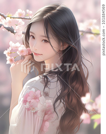Illustration of cherry blossoms in full bloom and a pretty girl "AI-generated image" 101884569