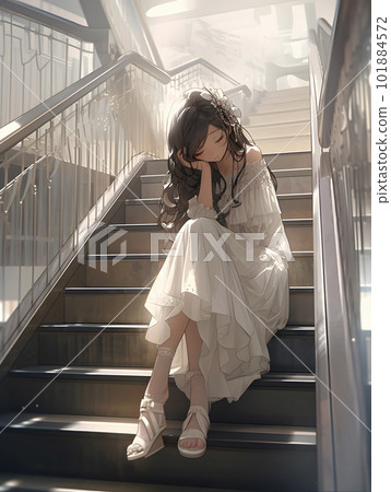 A girl in a white dress crouching on the stairs "AI generated image" A girl in a white dress crouching on the stairs "AI generated image" 101884572